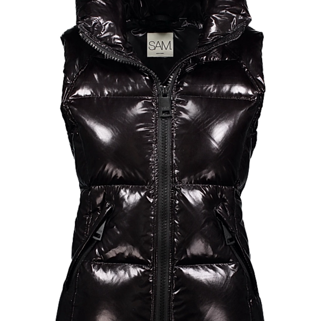 Sam. Black Glossy Puffer Vest With Hood